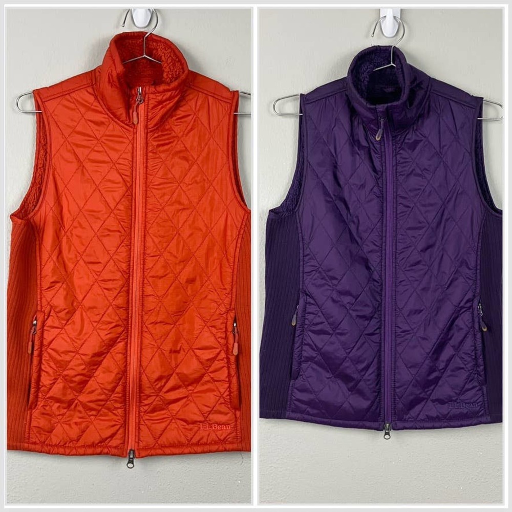LL Bean Orange Purple Quilted Vest Lot Womens S Fleece Knit Full Zip 291762